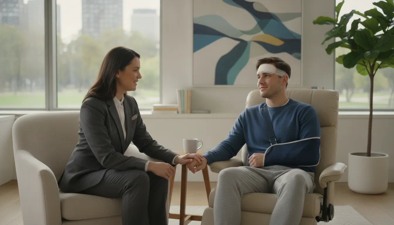 A compassionate lawyer speaking with a car accident victim to discuss next steps after a crash