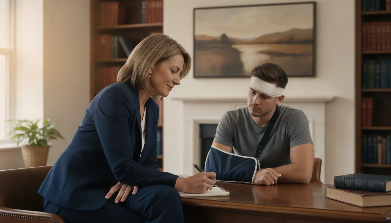 A compassionate Virginia personal injury attorney meeting with an injured client in a warm law office