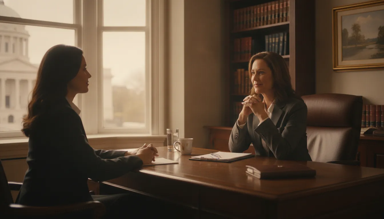 A Virginia DUI attorney reviewing legal case notes in a law office to help a client understand the court process