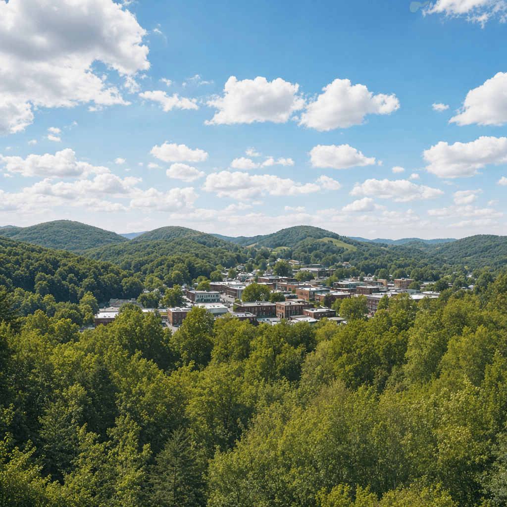 The town of Tazewell nestled among green Appalachian hills under a summer sky