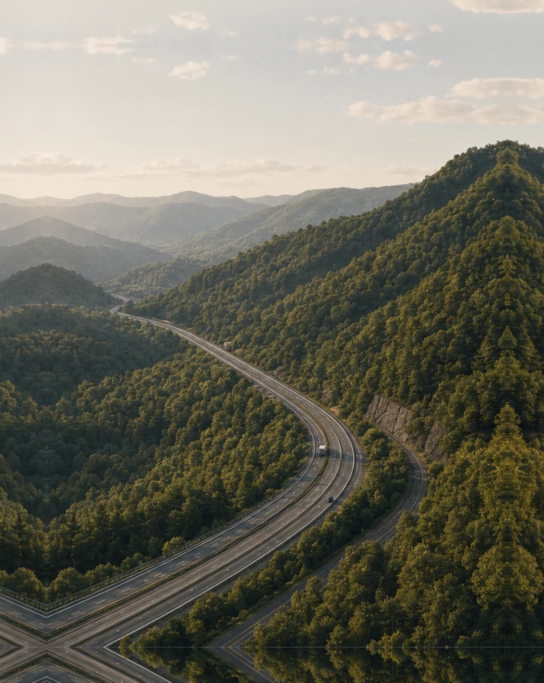 Interstate highway winding through forested Southwest Virginia mountains