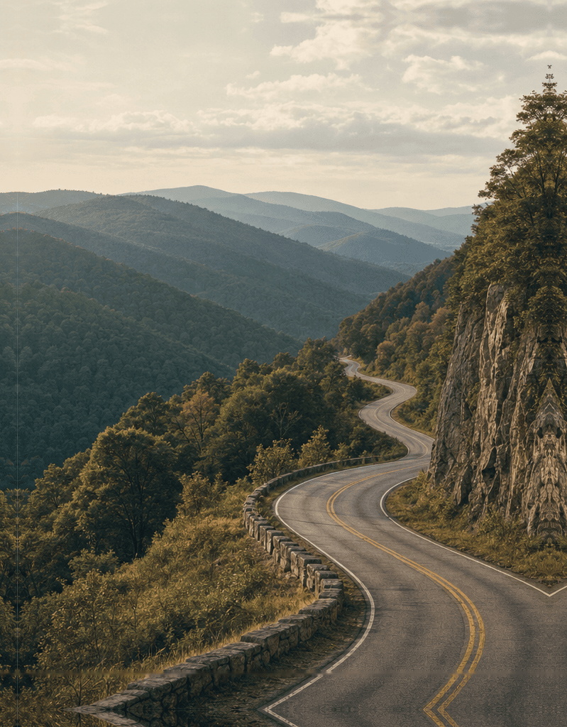 Mountain road winding through the forested ridges of Southwest Virginia