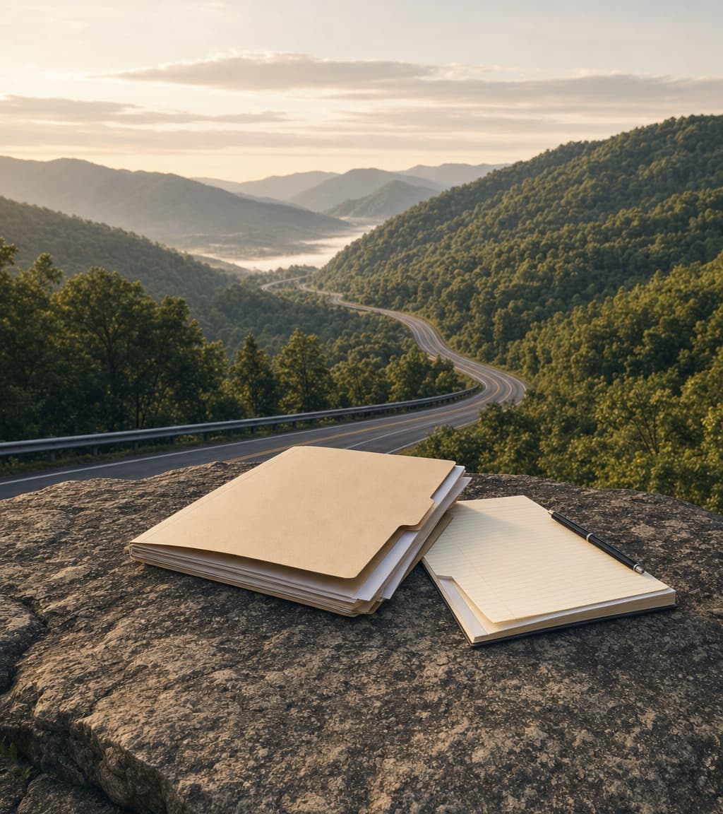 Case file folders resting on a stone overlook above a winding Southwest Virginia mountain road