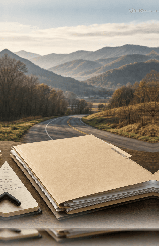 Case files and a notebook on a desk overlooking a Southwest Virginia mountain road