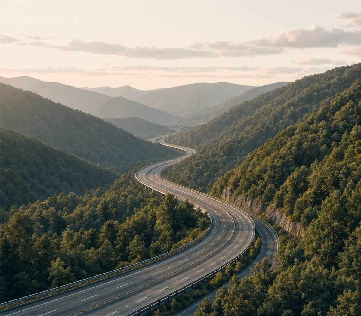 Interstate winding through forested Southwest Virginia mountains at dawn