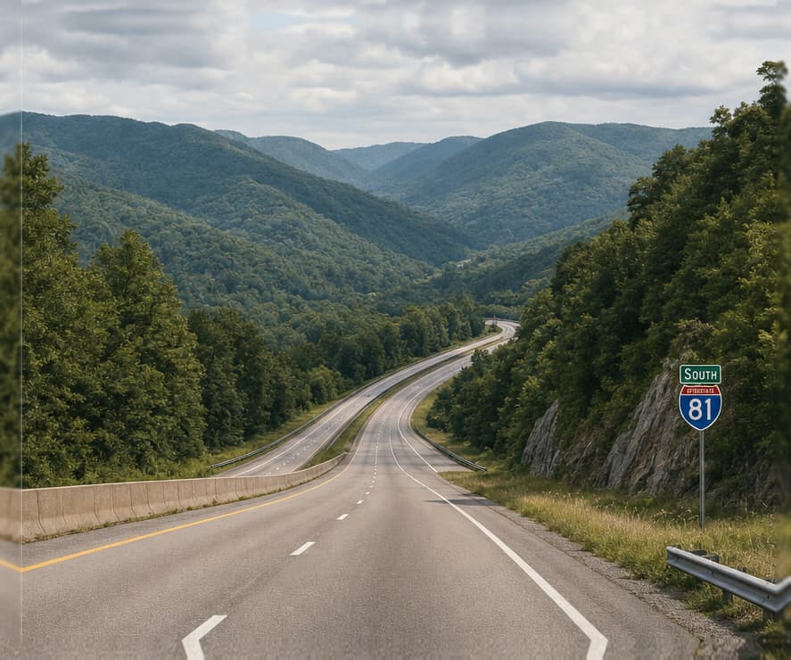 Interstate 81 descending through forested Southwest Virginia mountains with an I-81 South sign at the roadside