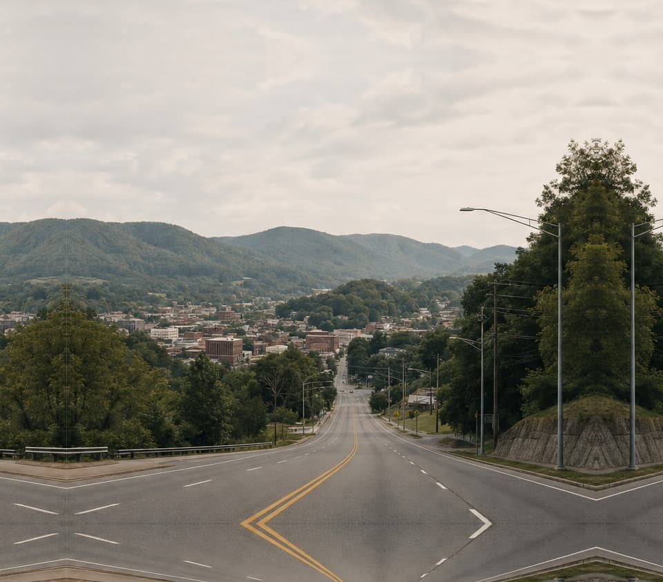 Highway descending into the town of Bristol, Virginia with wooded ridges beyond