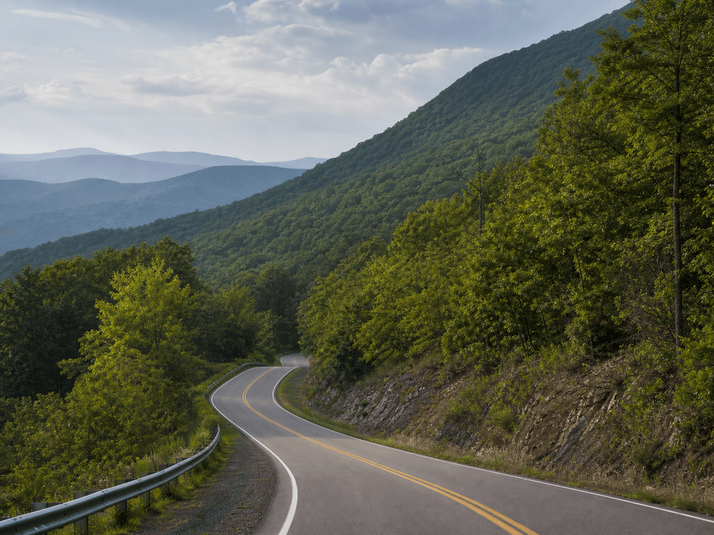 A mountain road winding through the forested ridges of Southwest Virginia