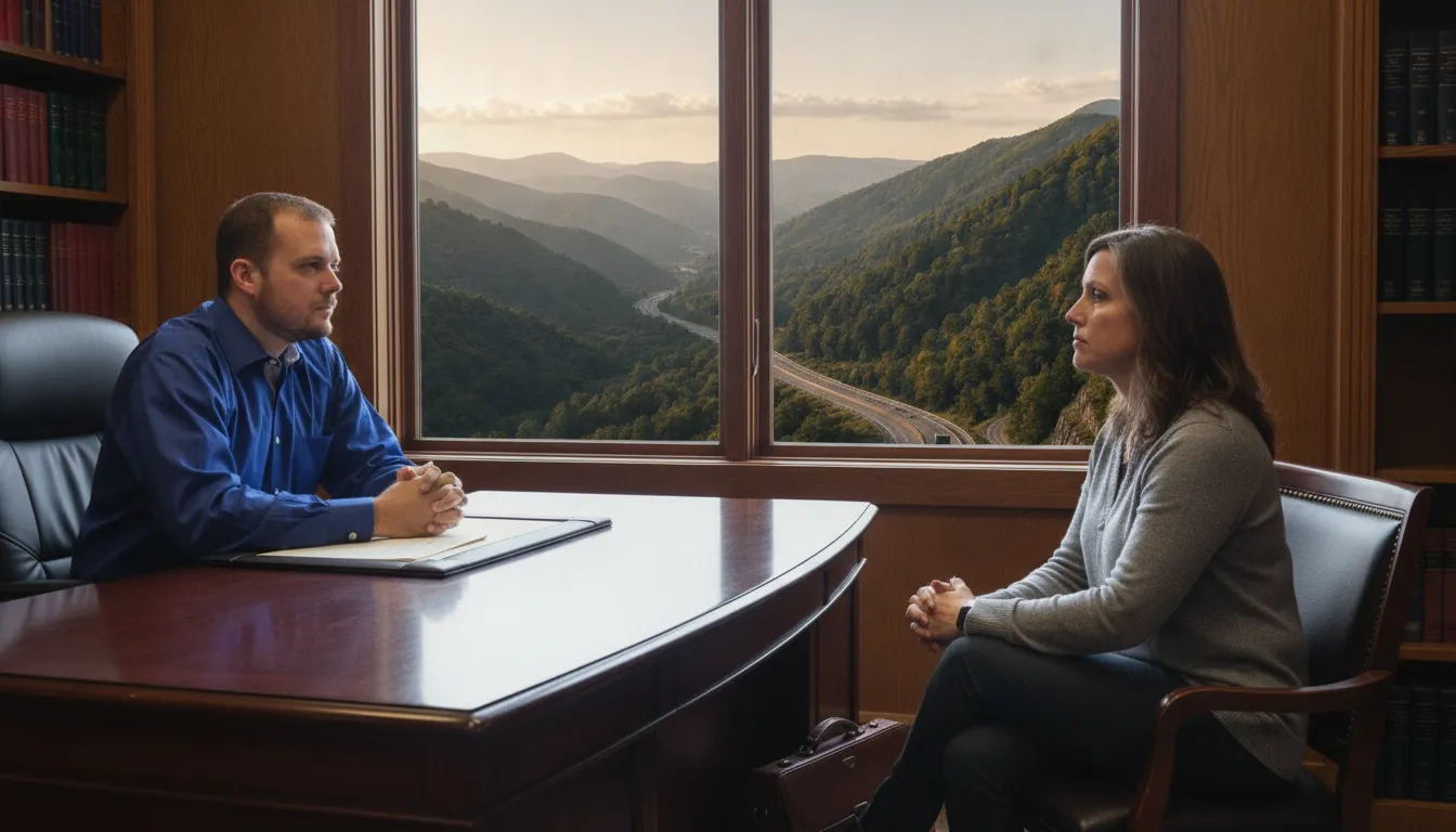 Attorney meeting with a client about an assault defense case in Southwest Virginia
