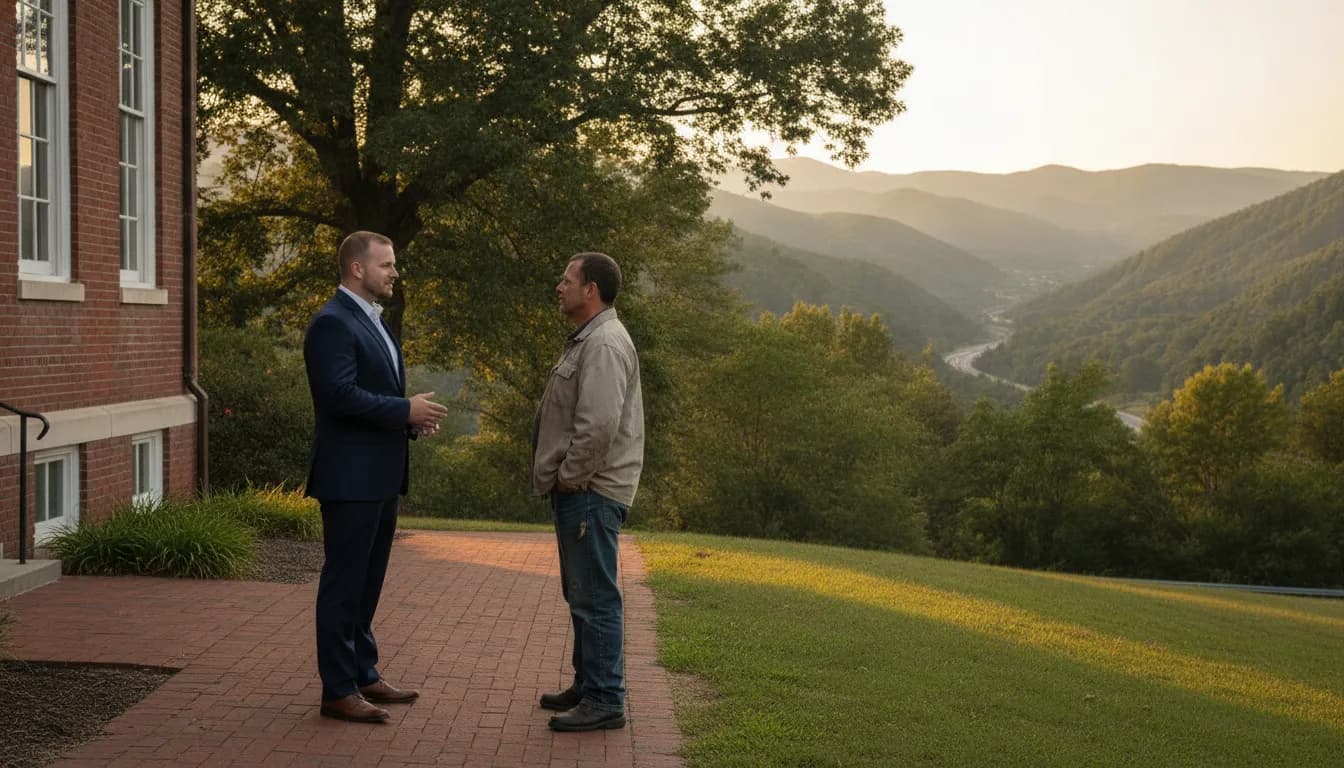 Defense attorney speaking with a client outside a Southwest Virginia courthouse