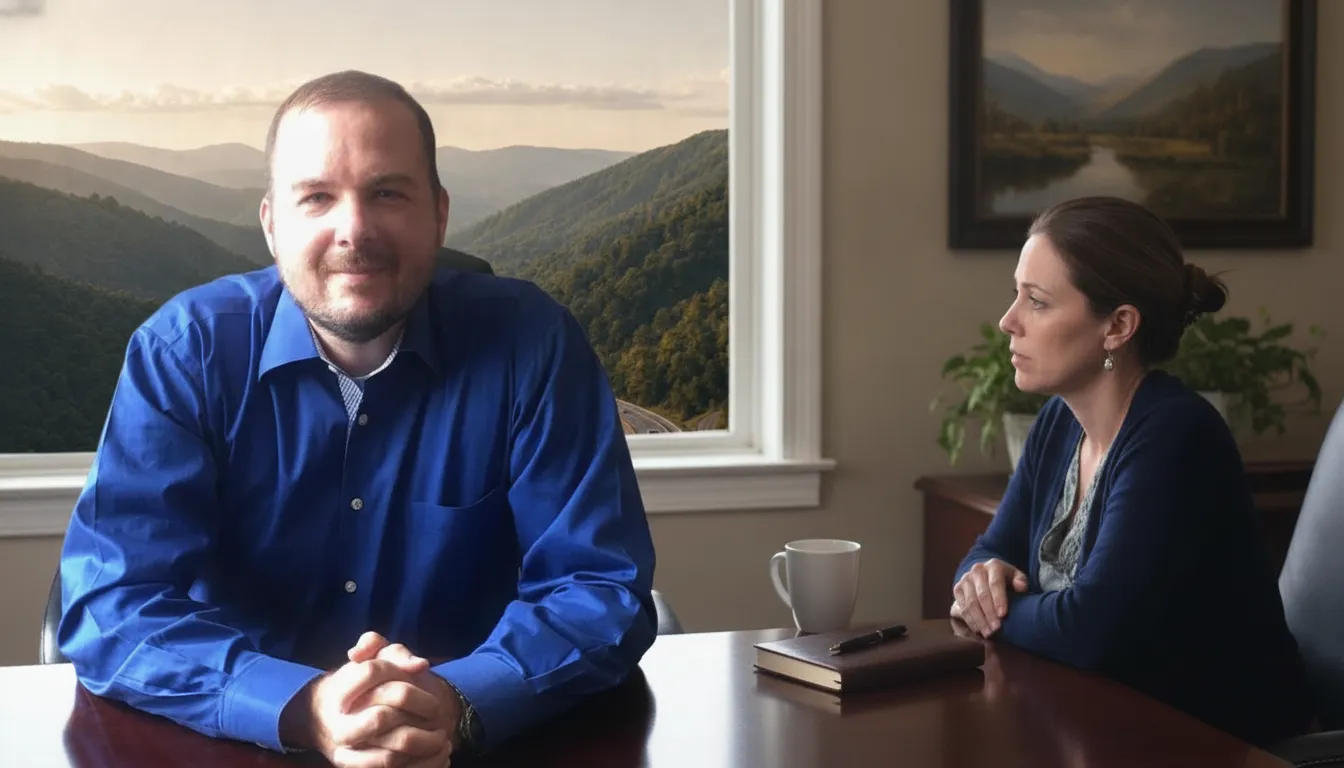 Virginia criminal defense attorney meeting with a client in a Southwest Virginia law office