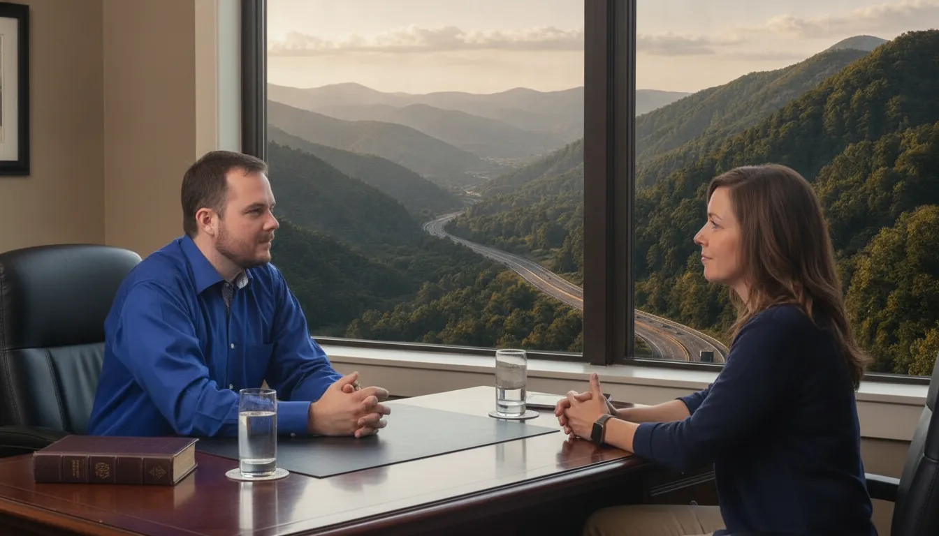 Attorney meeting with a client in a Southwest Virginia office