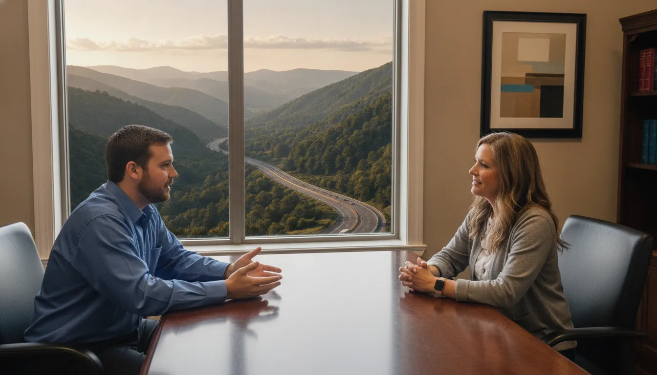 Attorney meeting with a client in a Southwest Virginia law office