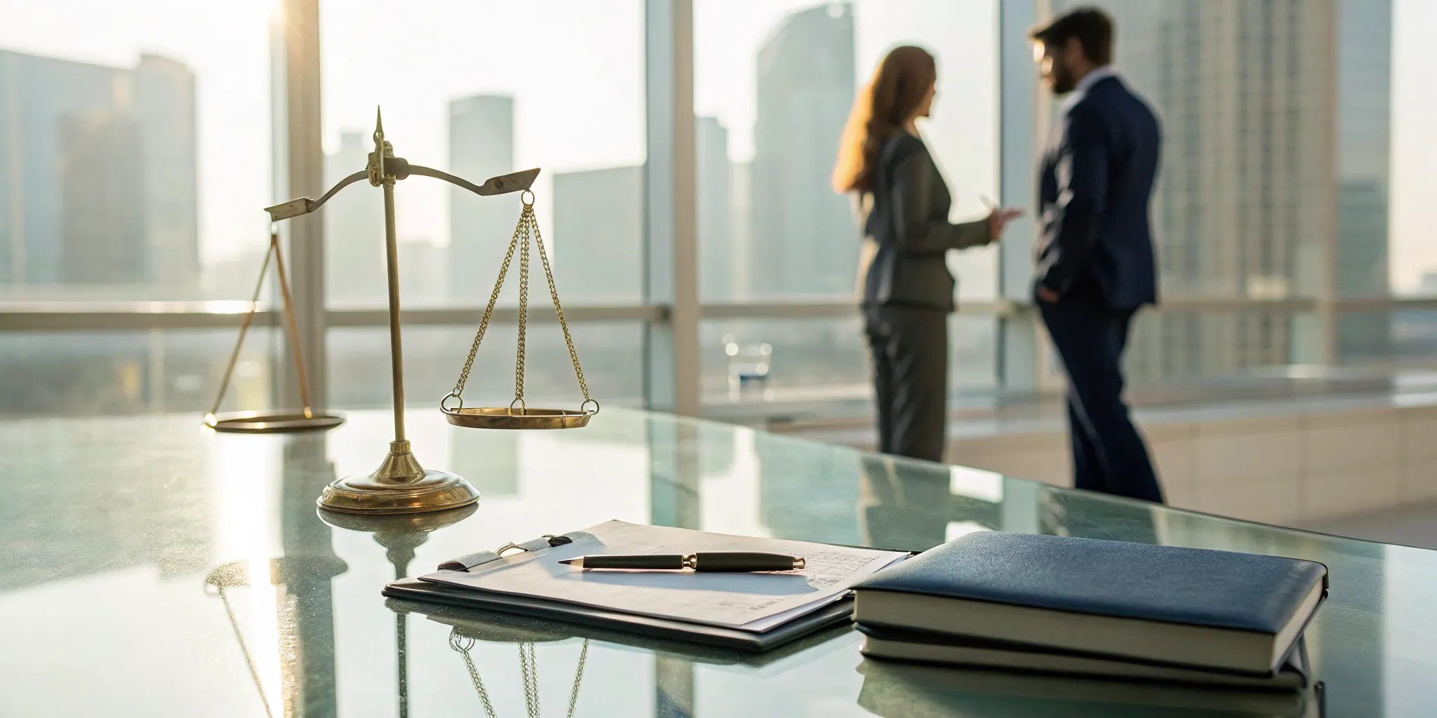 Two attorneys discussing legal fees with scales of justice on an office desk.