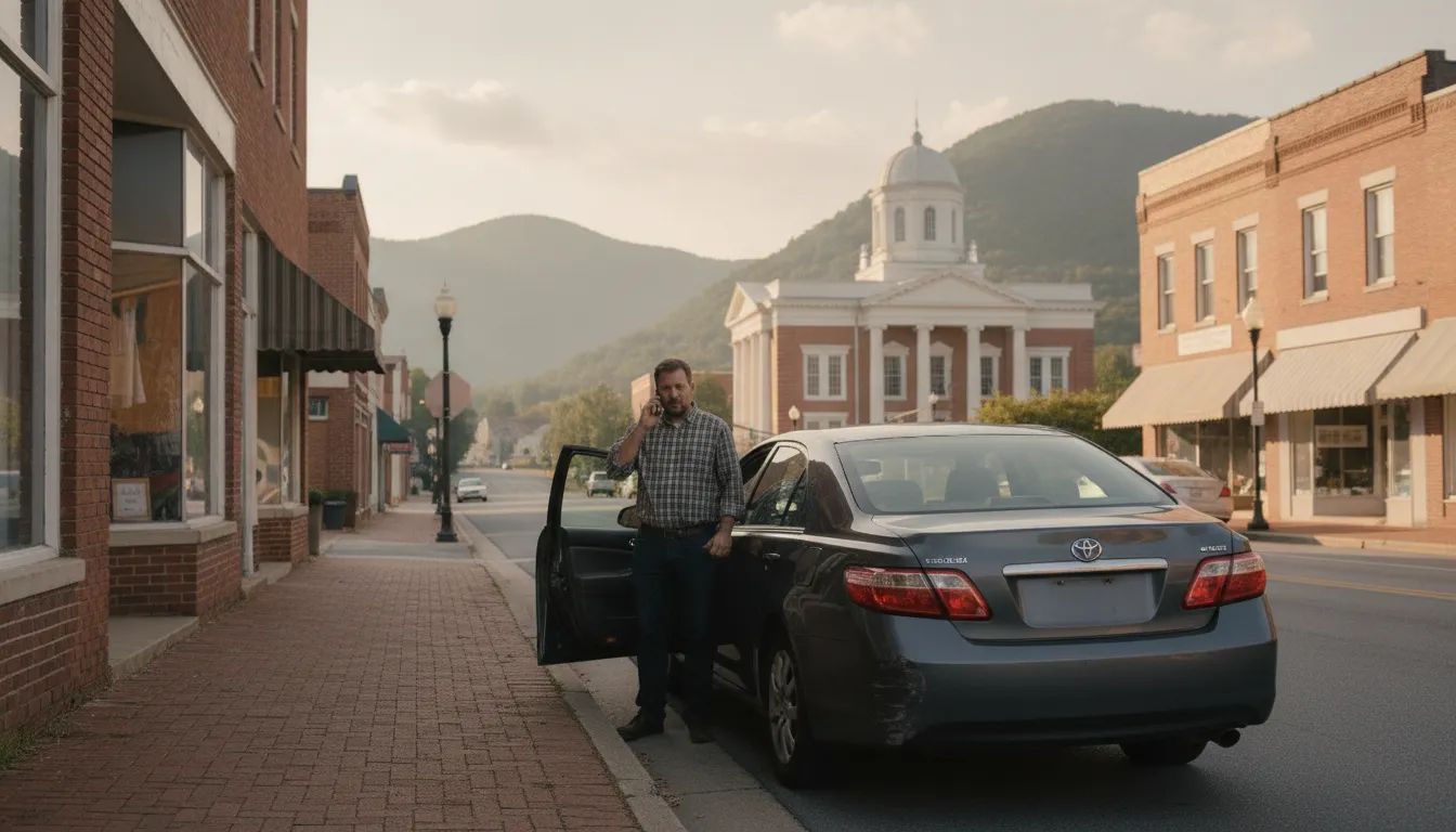 Driver on a phone beside a sedan on a small-town Virginia street near a courthouse