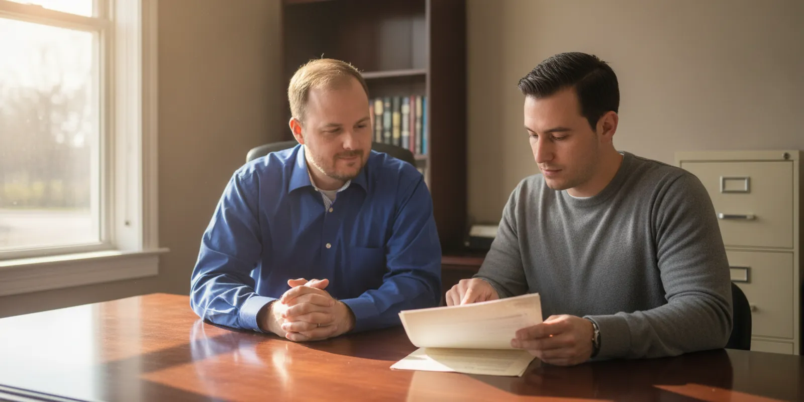 Attorney and client reviewing personal injury case documents at a desk
