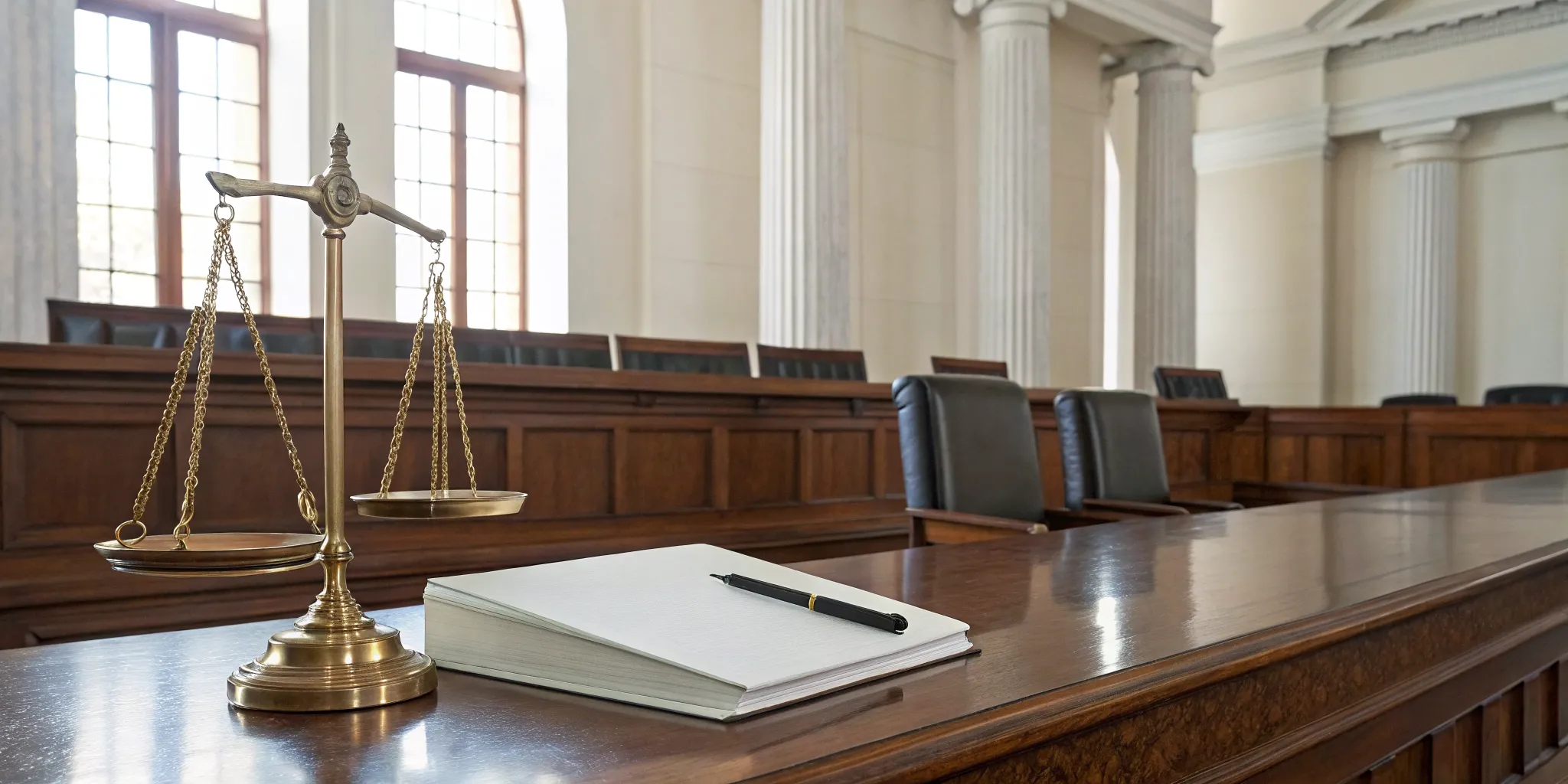 Scales of justice and documents on a table in a criminal court.