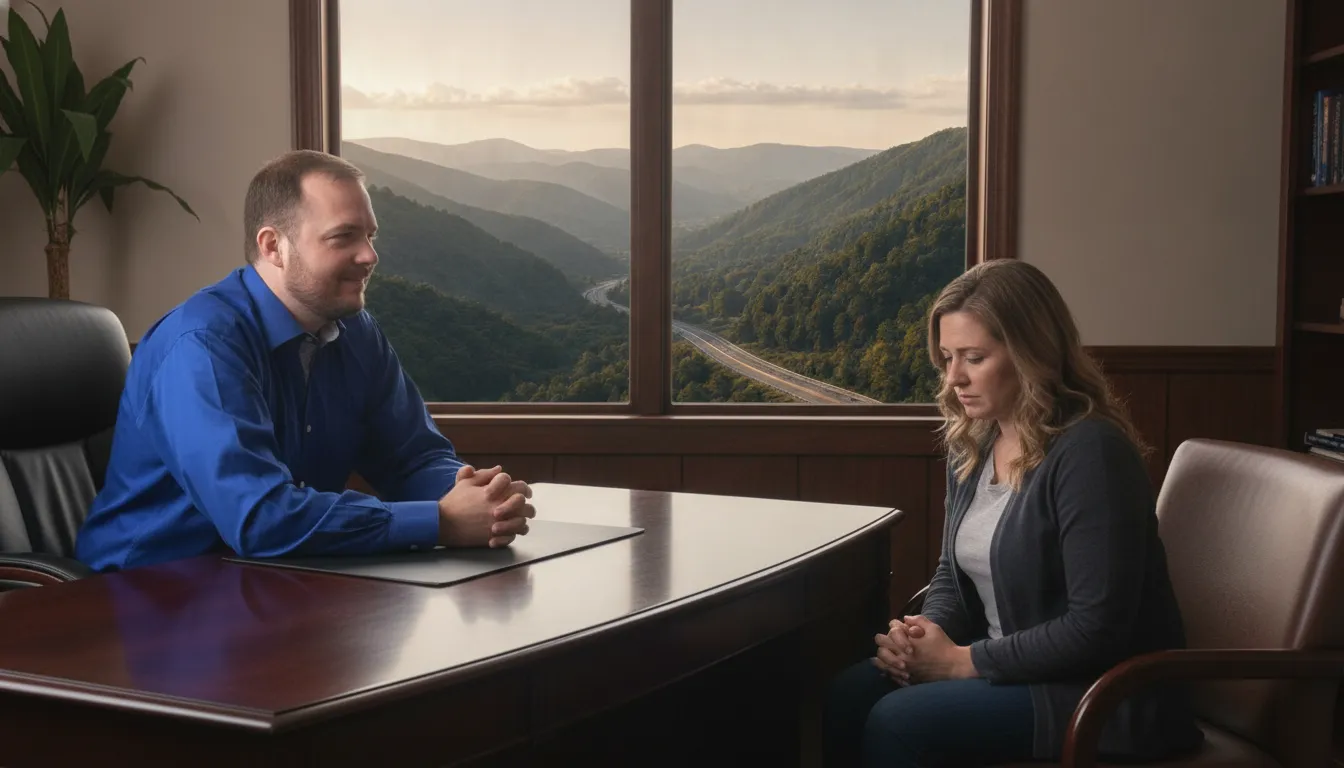 Criminal defense attorney meeting with a client in a Southwest Virginia office