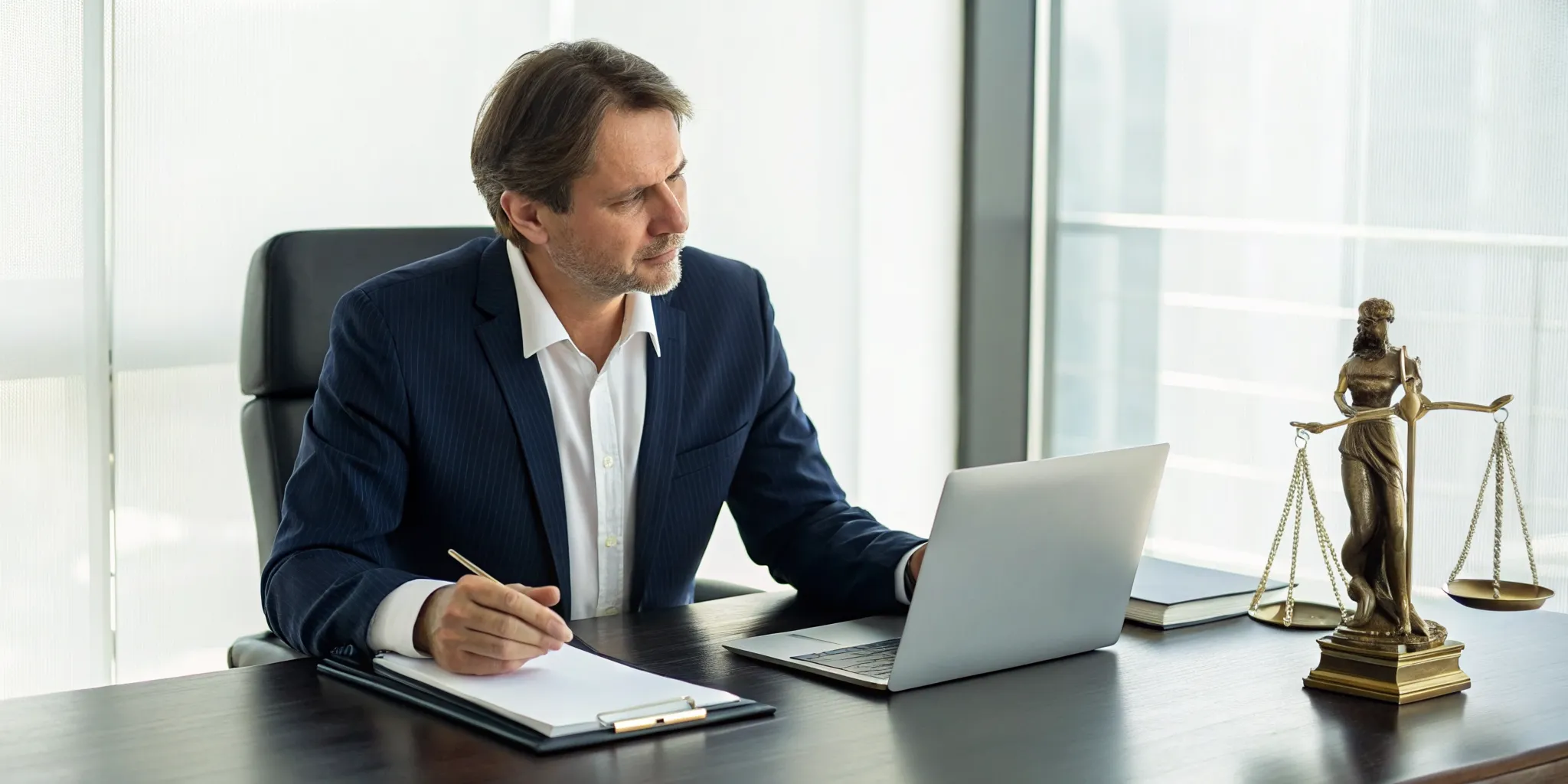 Criminal defense attorney building a case strategy at a desk with legal documents.
