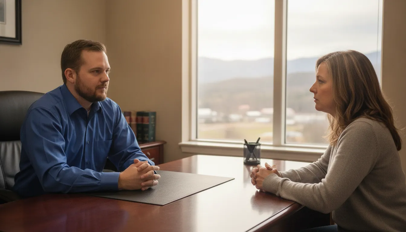 Attorney consulting with a client in a Southwest Virginia law office