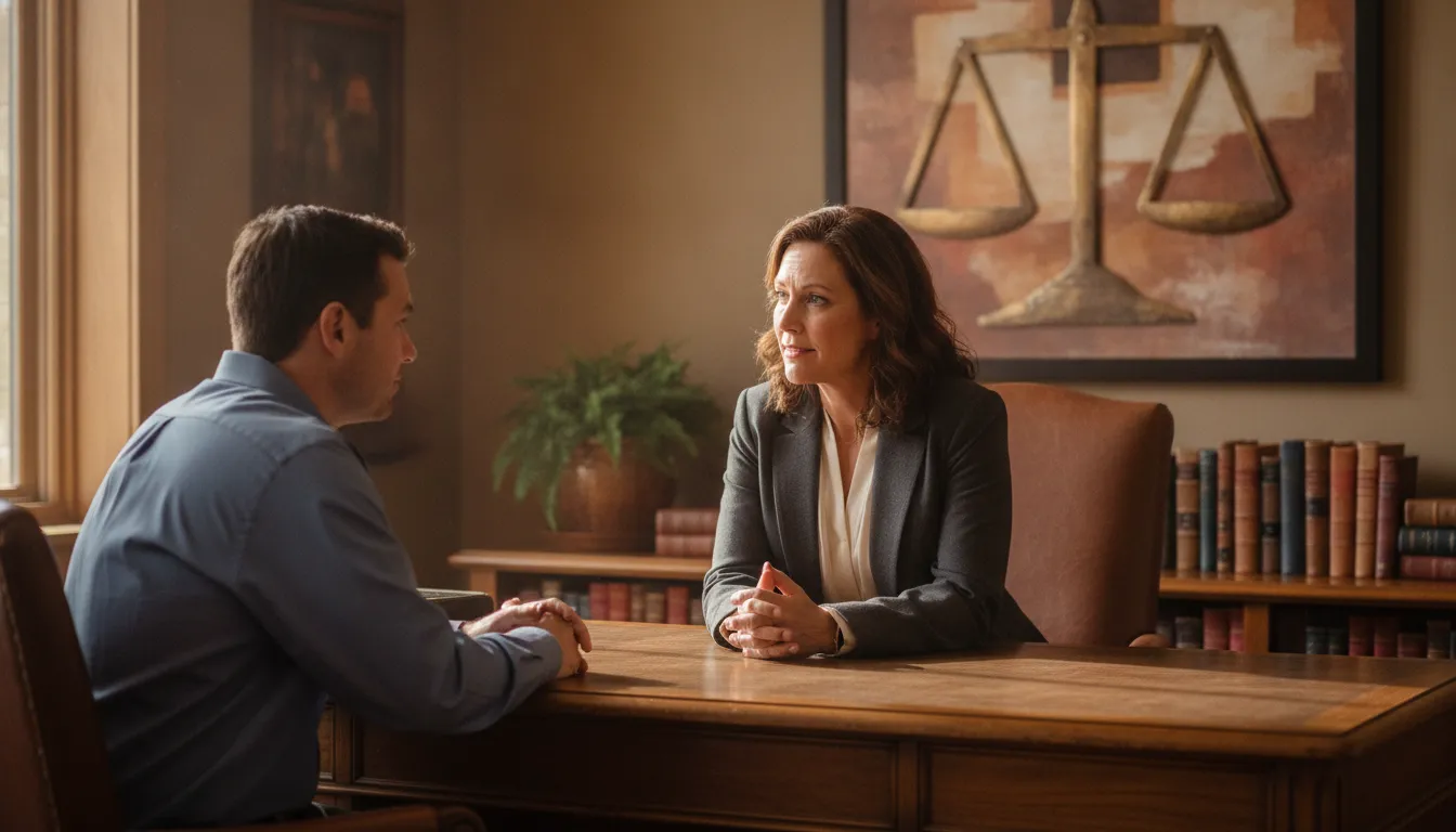 Criminal defense lawyer Virginia client consultation in a warm law office