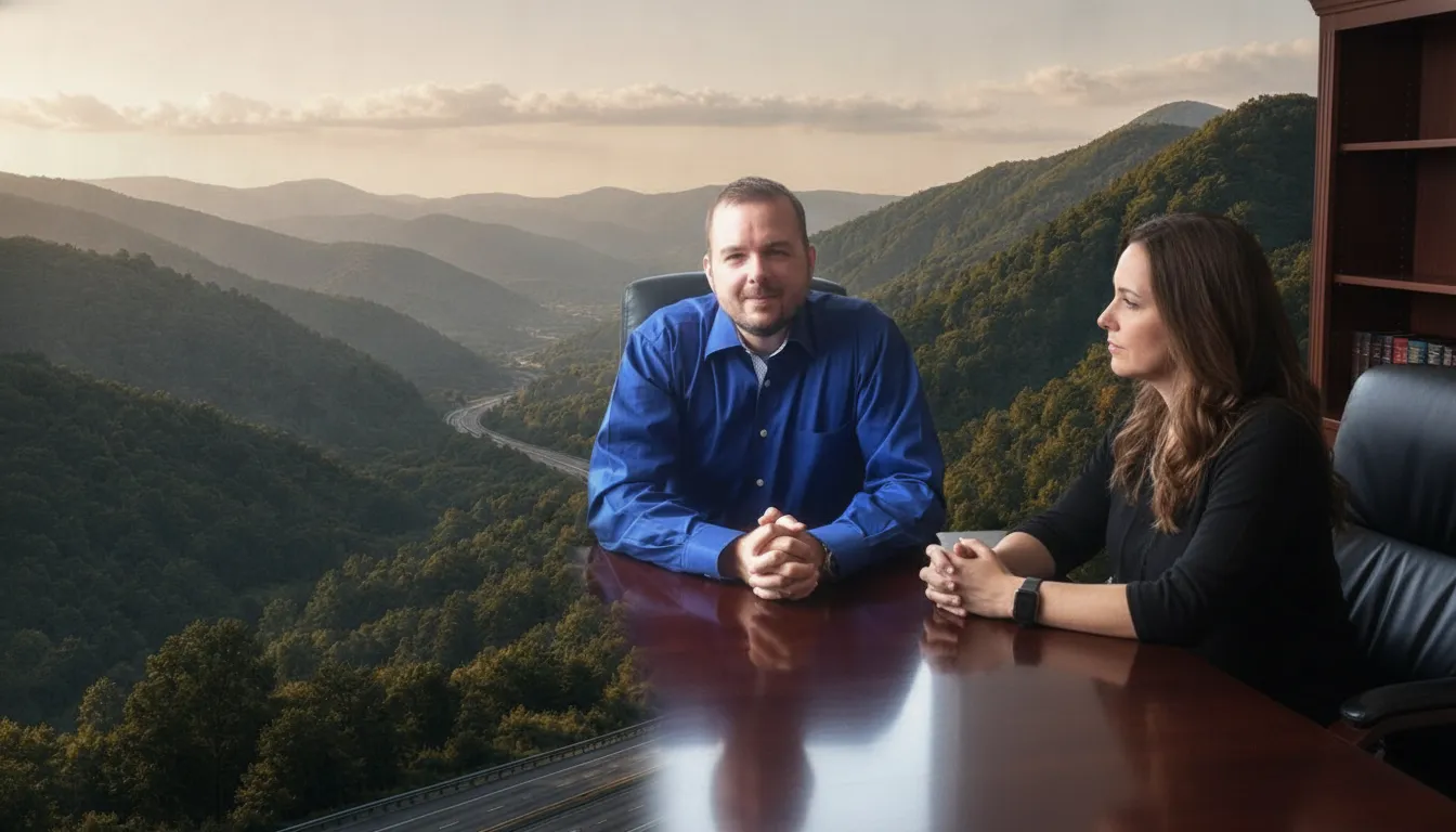 Attorney speaking with a client about domestic violence charges in Virginia in a Southwest Virginia office