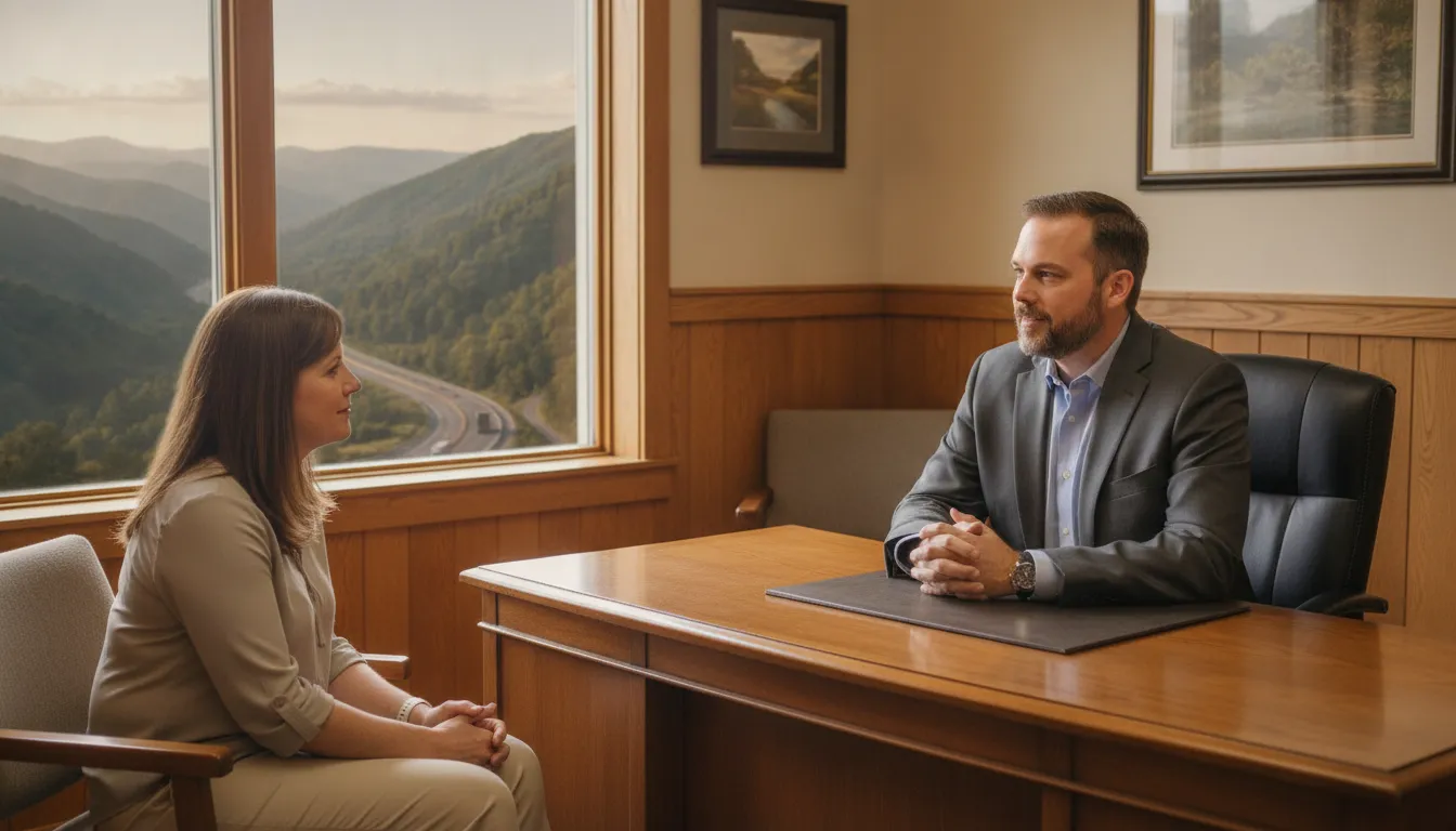 Defense attorney speaking with a client in a Southwest Virginia law office