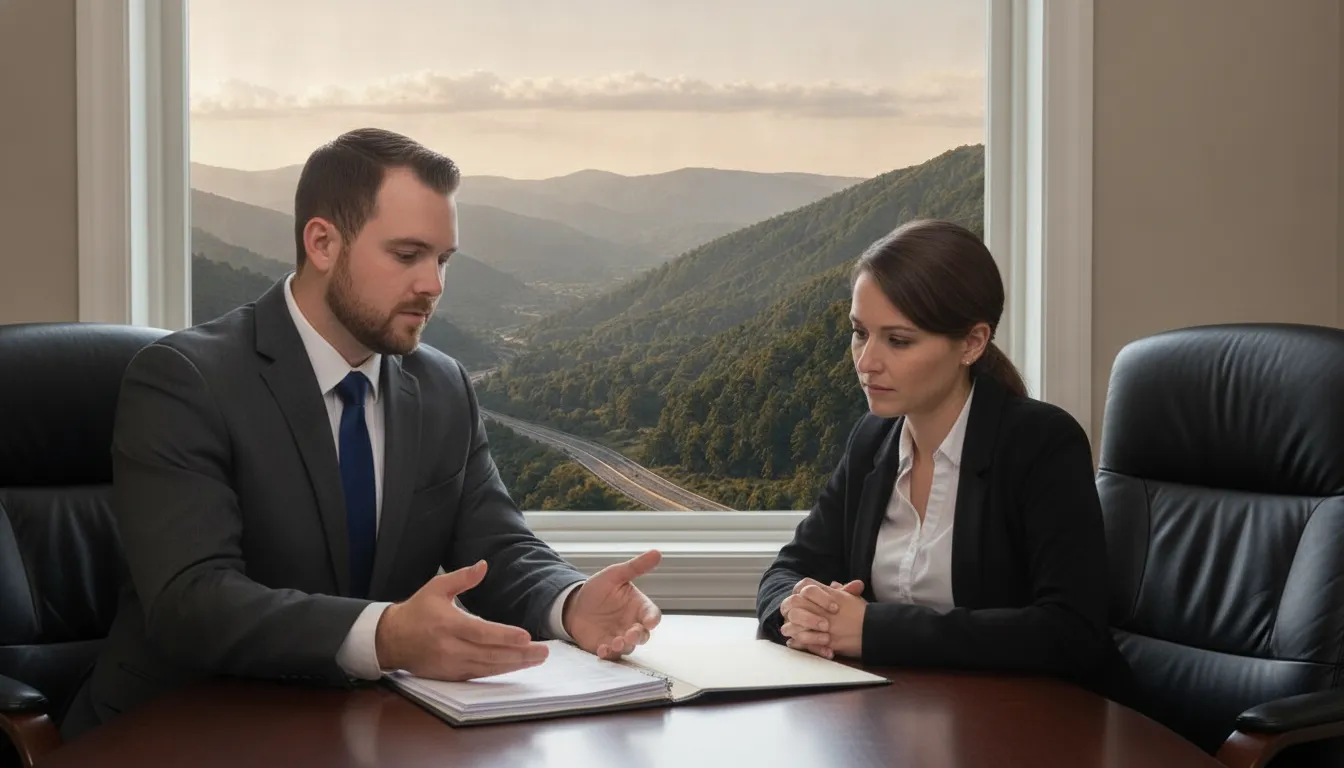 Attorney reviewing a drug distribution case with a client in a Southwest Virginia law office