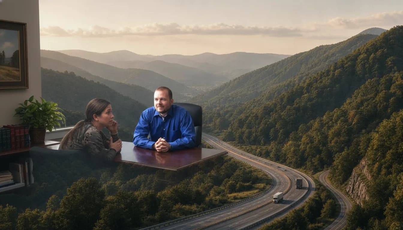 Defense attorney speaking with a client in a Southwest Virginia law office