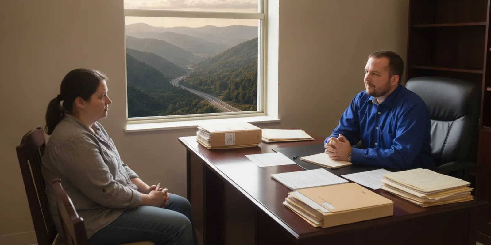A person speaking with a defense attorney during a quiet office consultation