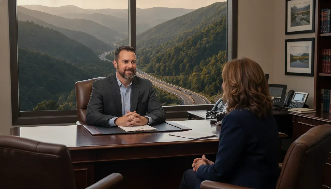 DUI attorney meeting with a client in a Southwest Virginia office near Abingdon