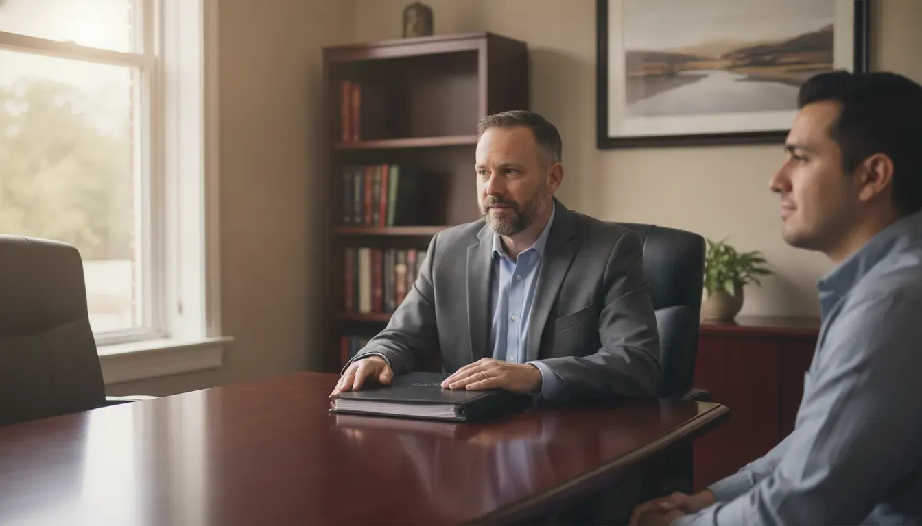 Virginia criminal defense attorney meeting with a client in a Southwest Virginia law office