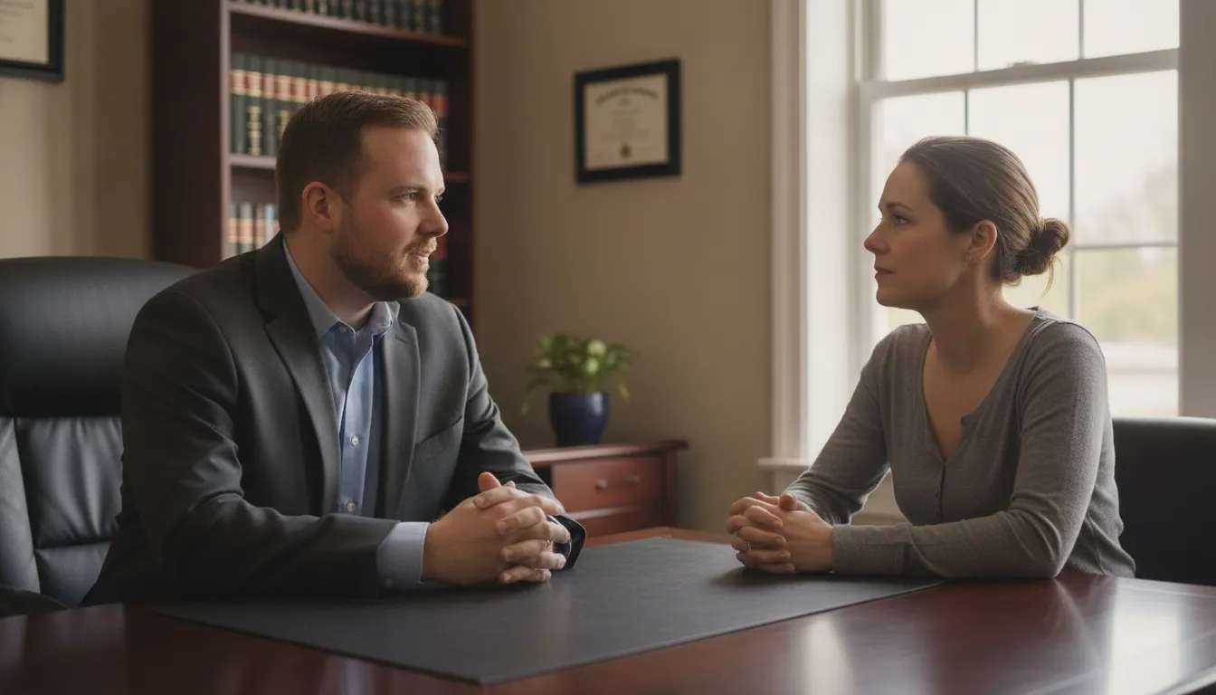 Criminal defense attorney meeting with a first-time client in a Southwest Virginia law office