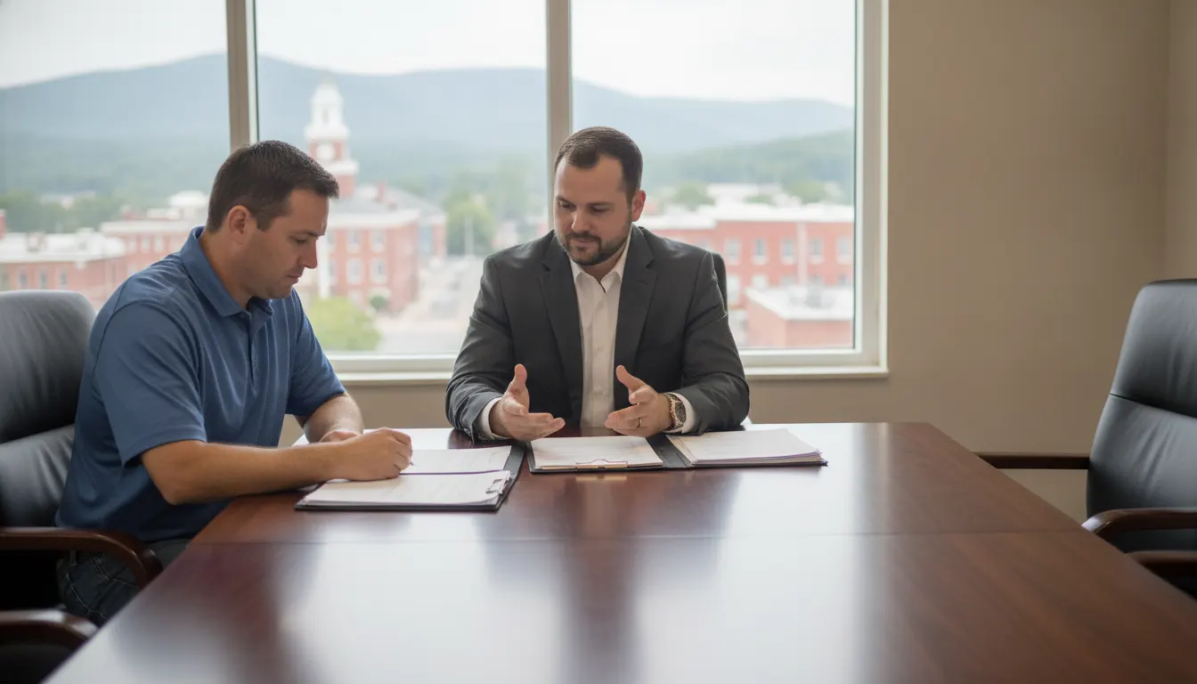 Former prosecutor criminal defense attorney in Virginia meeting with a client in a Southwest Virginia office