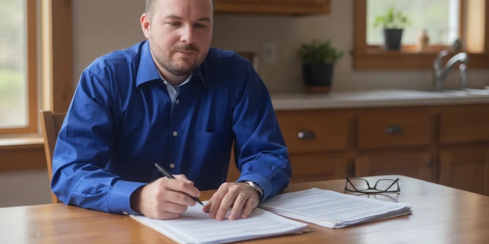 Driver reviewing insurance papers and court documents at a table