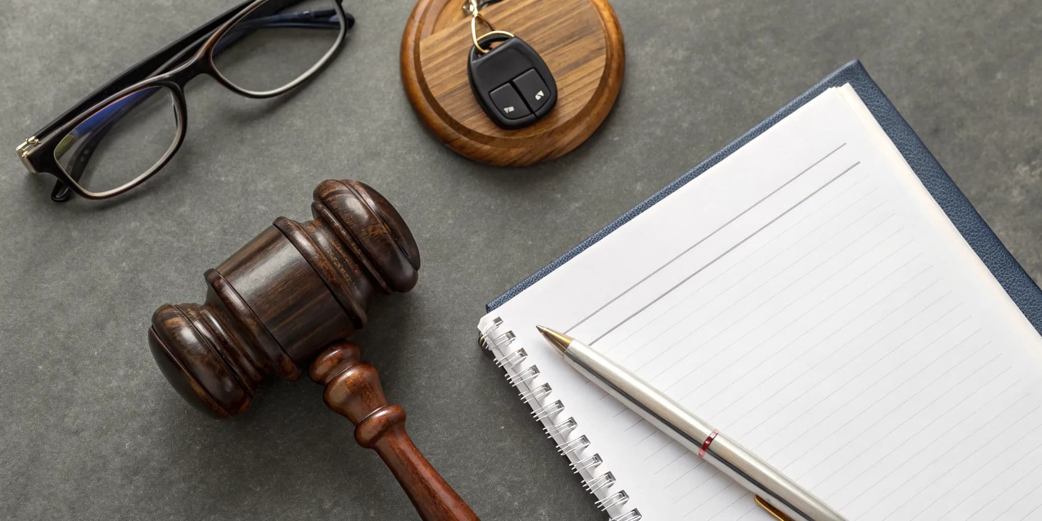 A gavel, car key, and notebook for a guide on how to fight a traffic ticket in court.