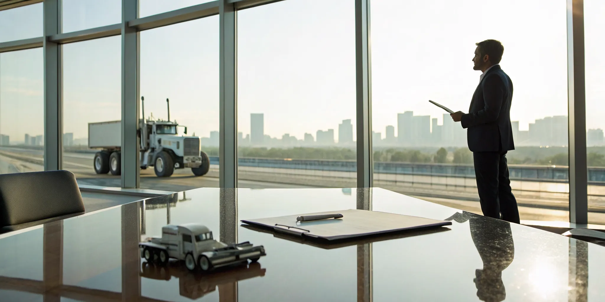 The best commercial truck accident lawyer considers a case from his office window.