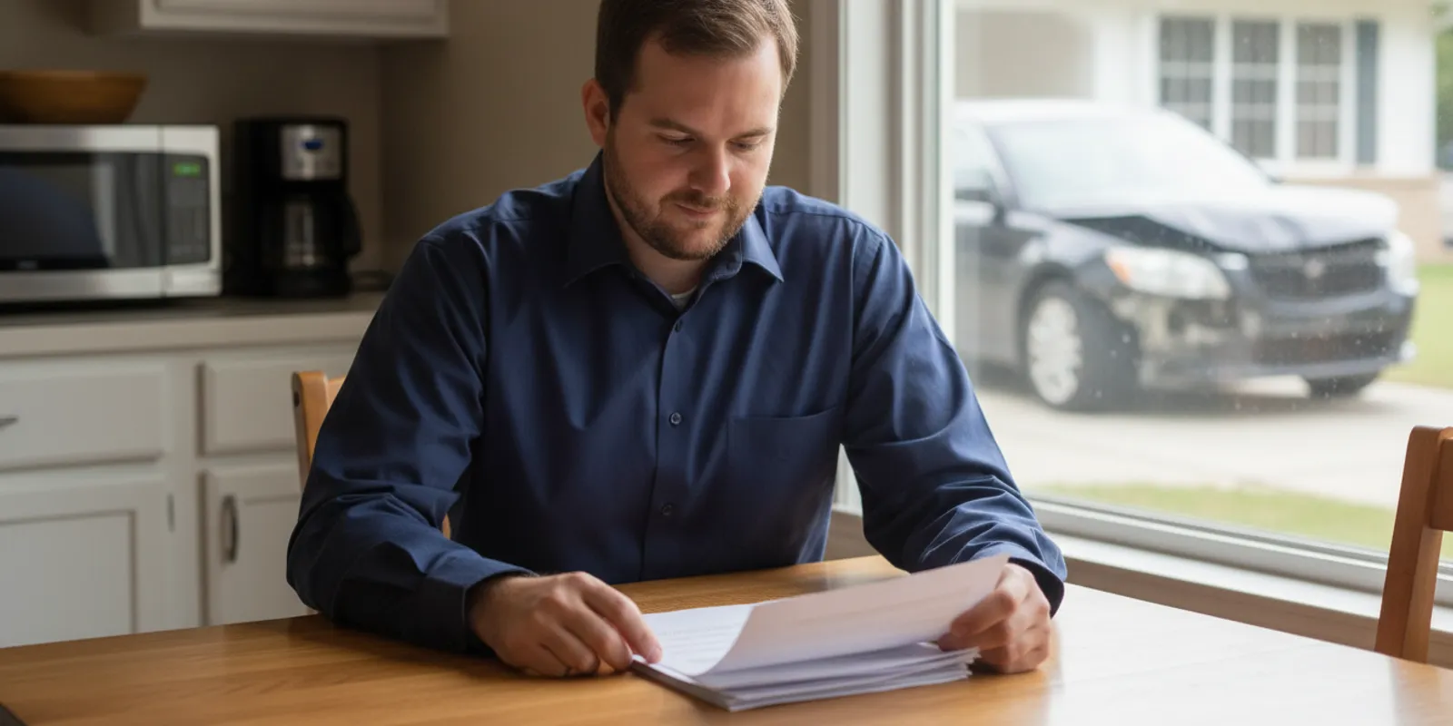 A driver reviewing car accident documents and insurance correspondence at a kitchen table