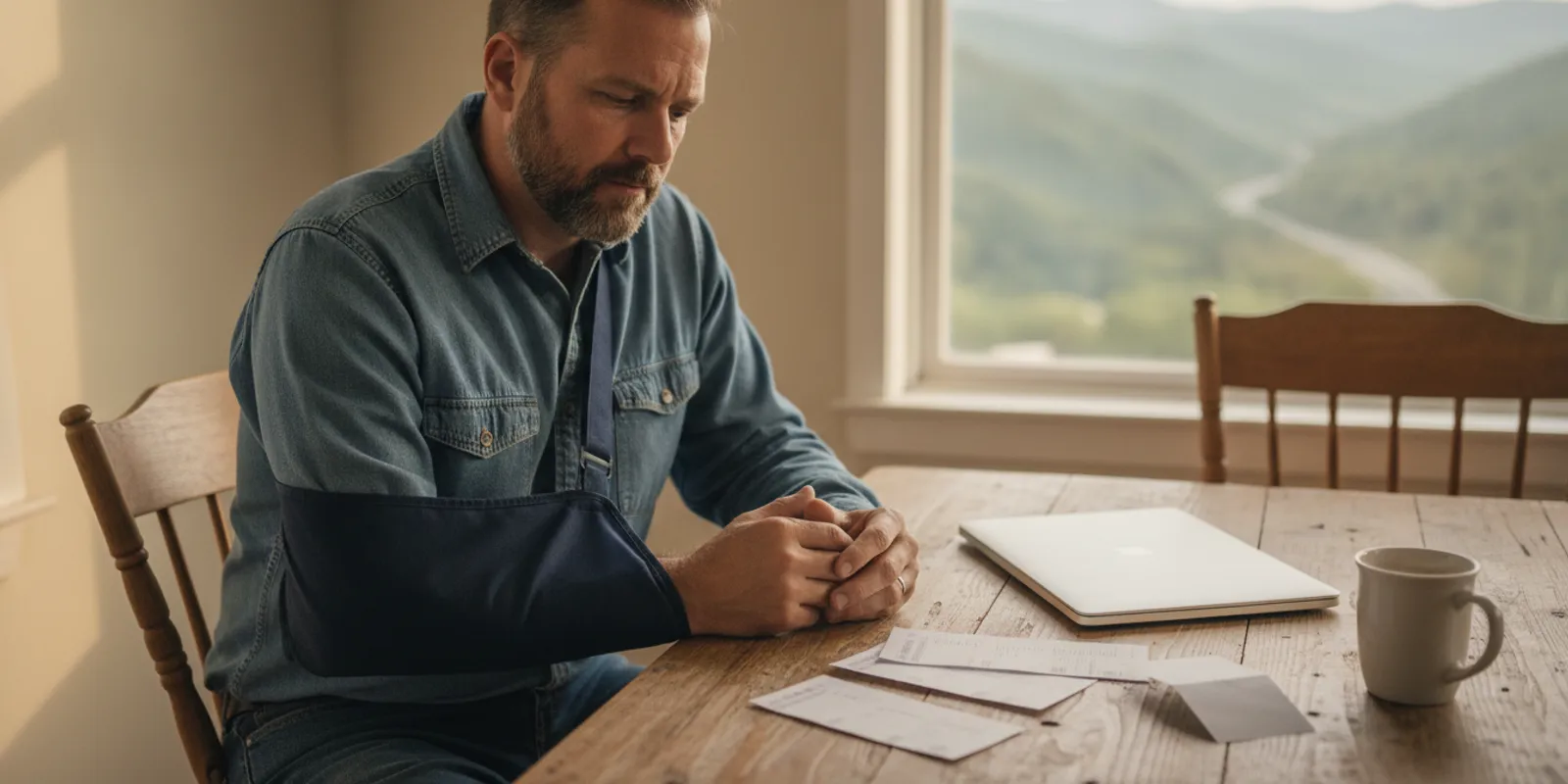 A worker reviews pay records and a doctor’s note at a desk after a car accident
