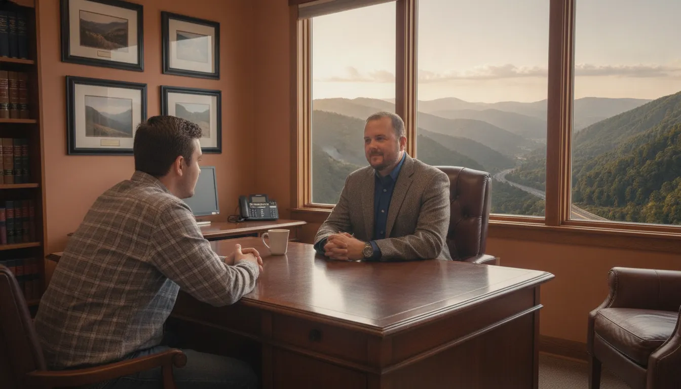 Murder defense attorney Virginia meeting with a client in a Southwest Virginia law office