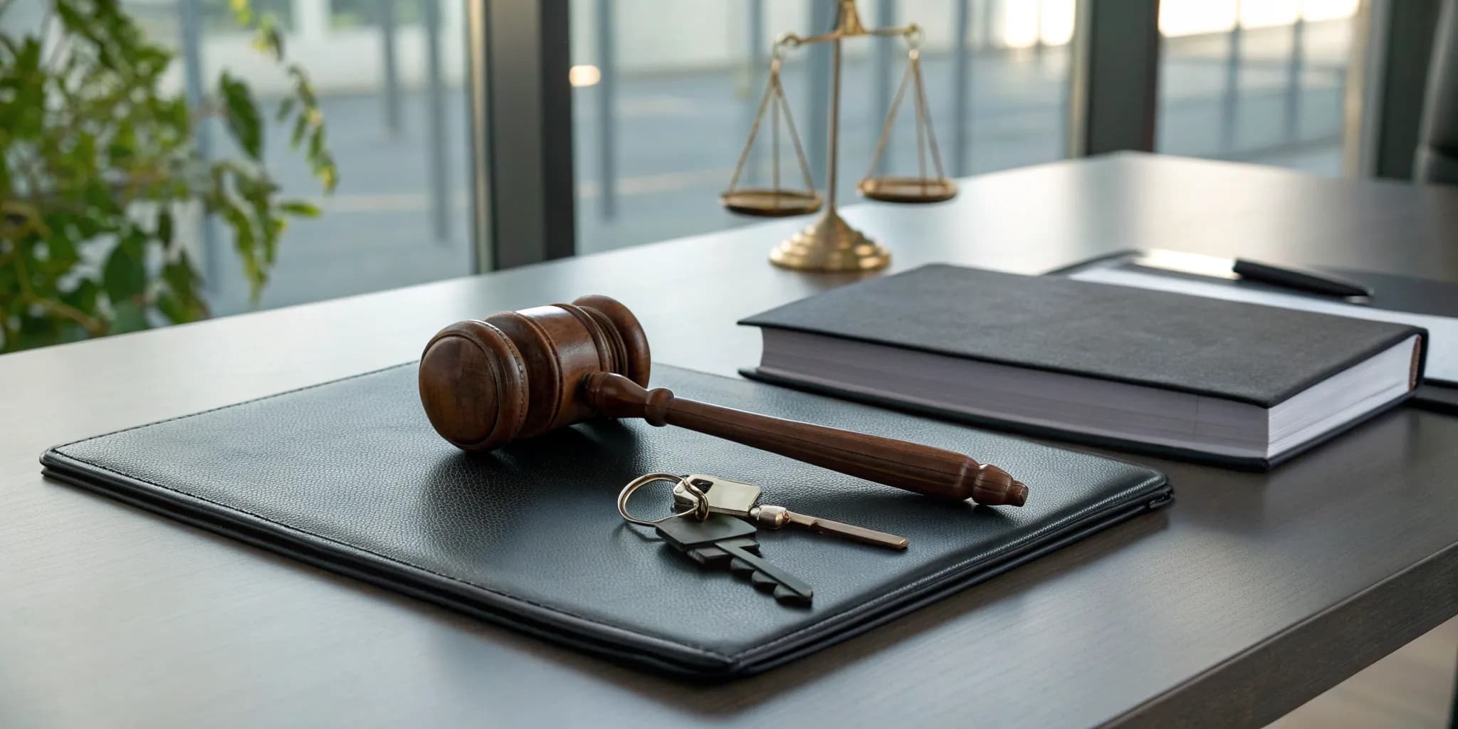 Legal penalties for reckless driving represented by a gavel, car keys, and a law book.
