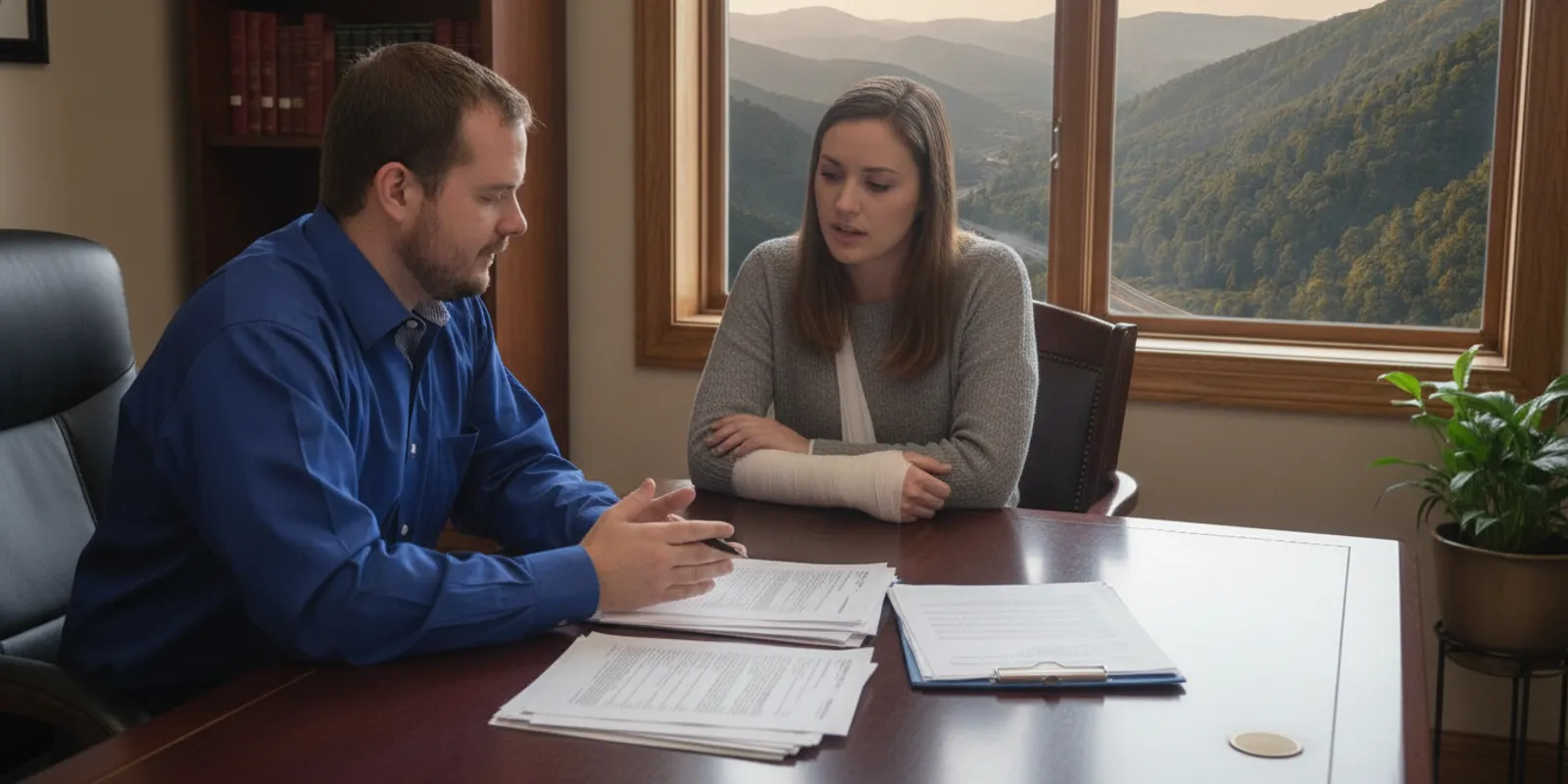 A person reviewing accident paperwork with a legal professional at a desk in Southwest Virginia