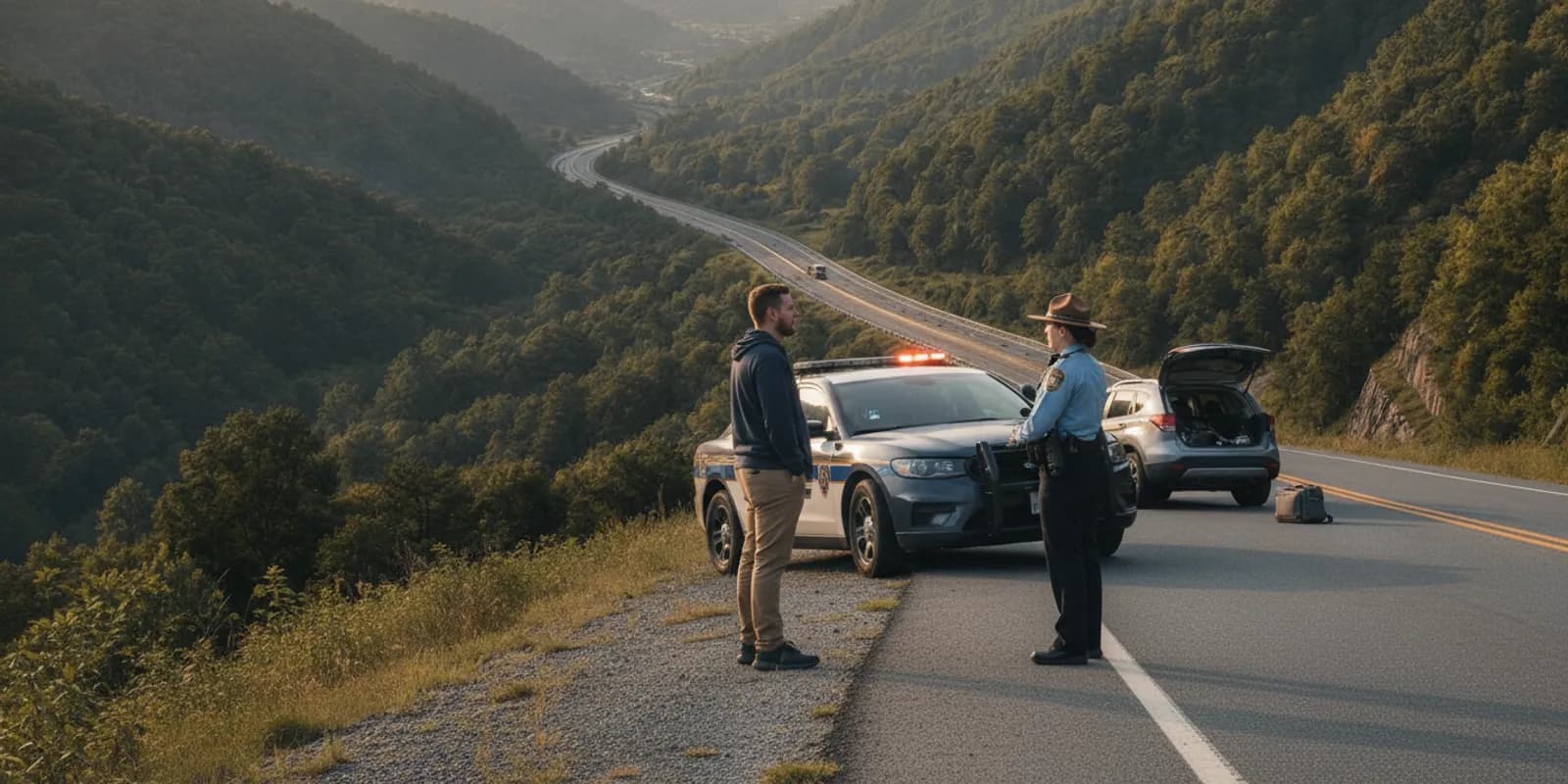 Rideshare passenger speaking with a driver beside a damaged vehicle after a Virginia crash