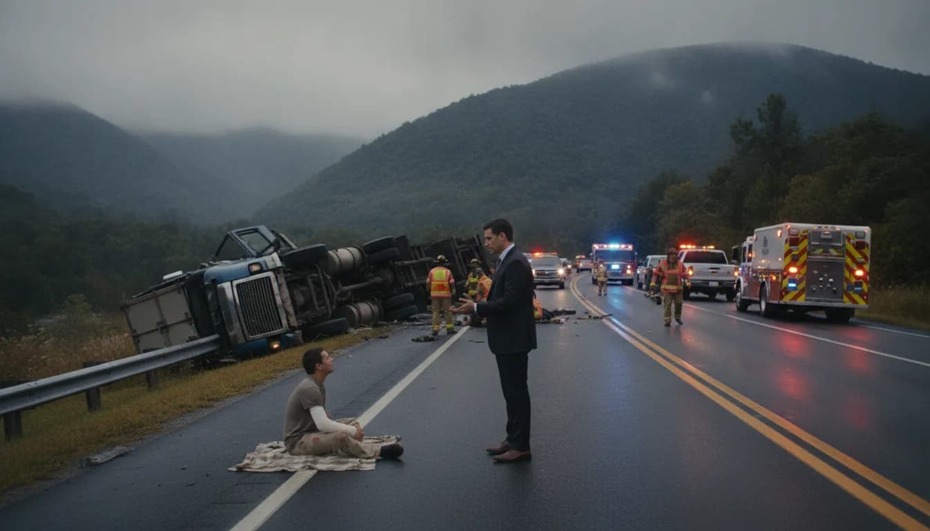 Attorney speaking with a truck accident victim beside a Southwest Virginia highway