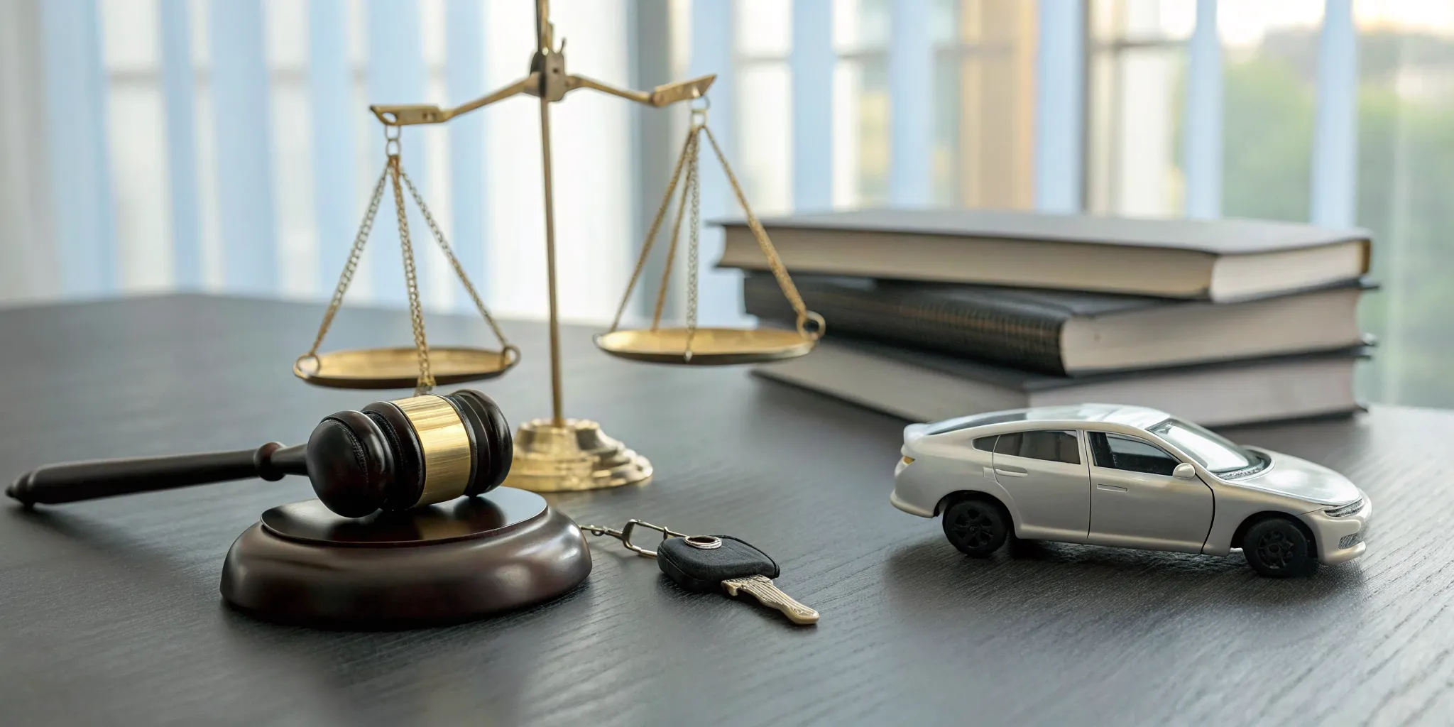 Gavel, car keys, and scales of justice showing the penalties for reckless driving.