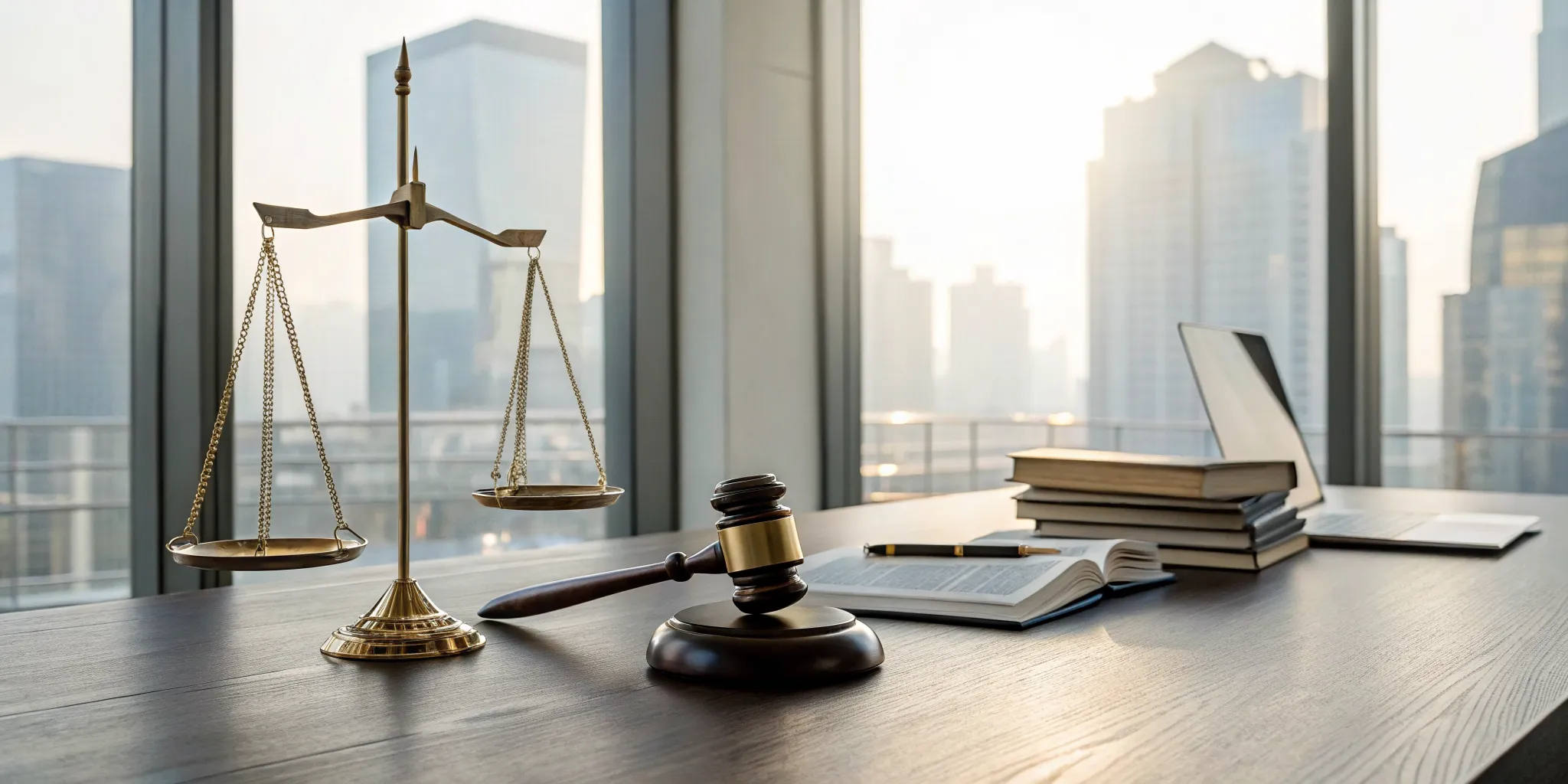 A gavel, scales of justice, and law books next to a laptop for case law research.
