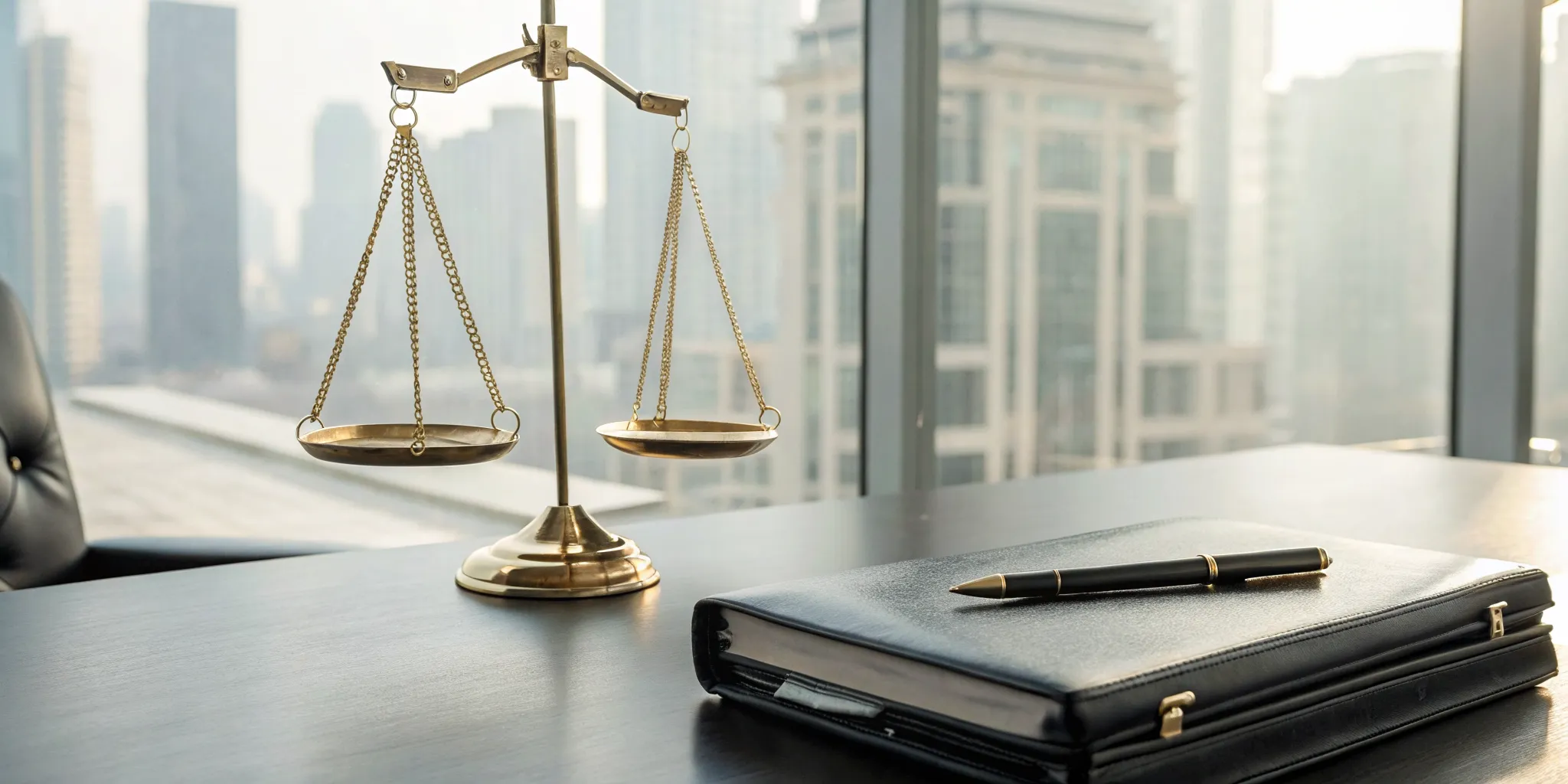 Scales of justice and a legal binder on a desk during a civil law proceeding.
