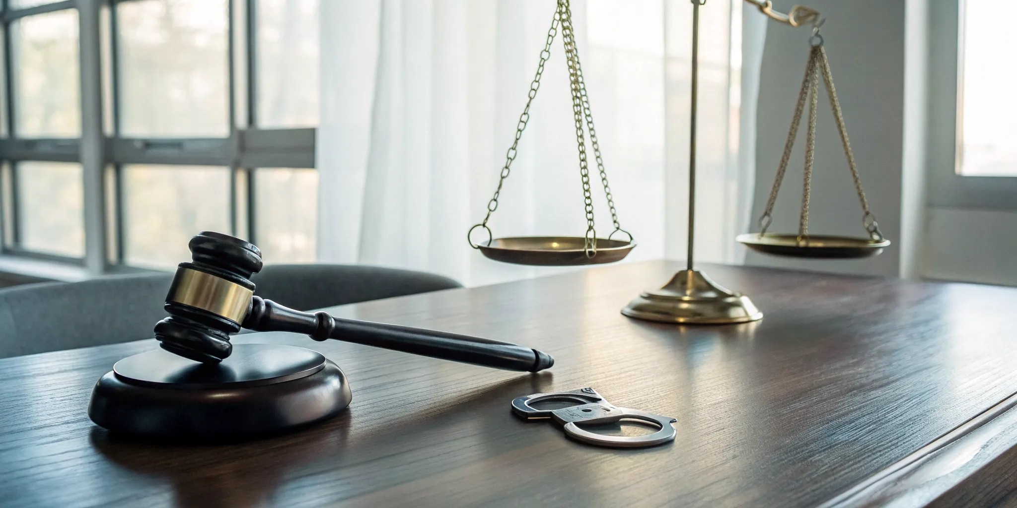 A gavel, handcuffs, and scales of justice determine the penalty for assault and battery.