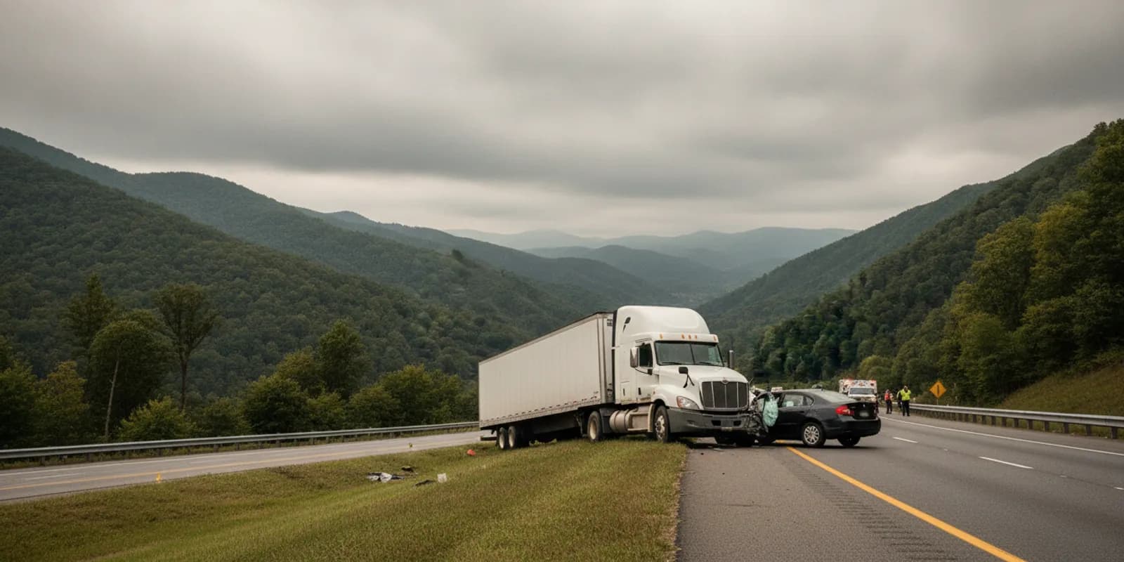 Damaged truck and passenger vehicle at a Virginia roadside accident scene