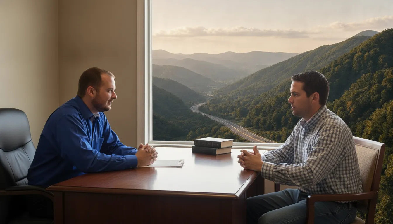 Defense attorney meeting with a client in a Southwest Virginia law office